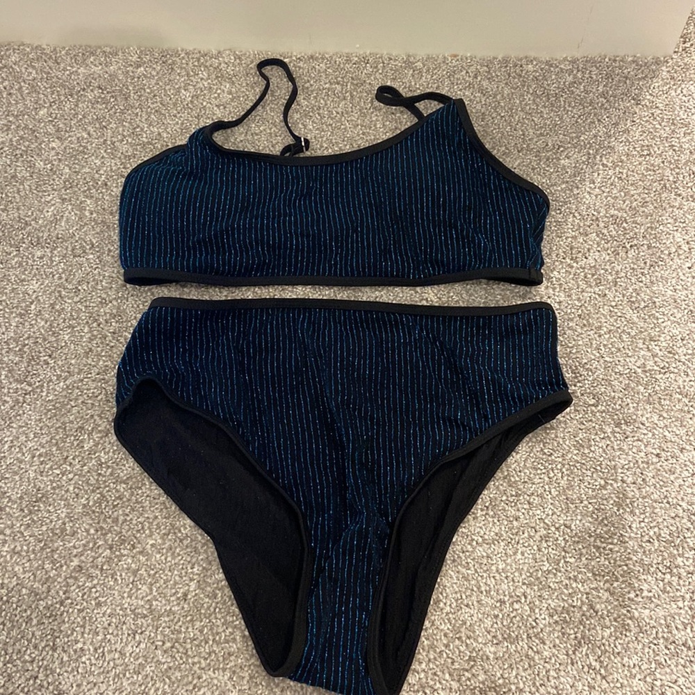Women’s black bikini with sparkly turquoise stripes!